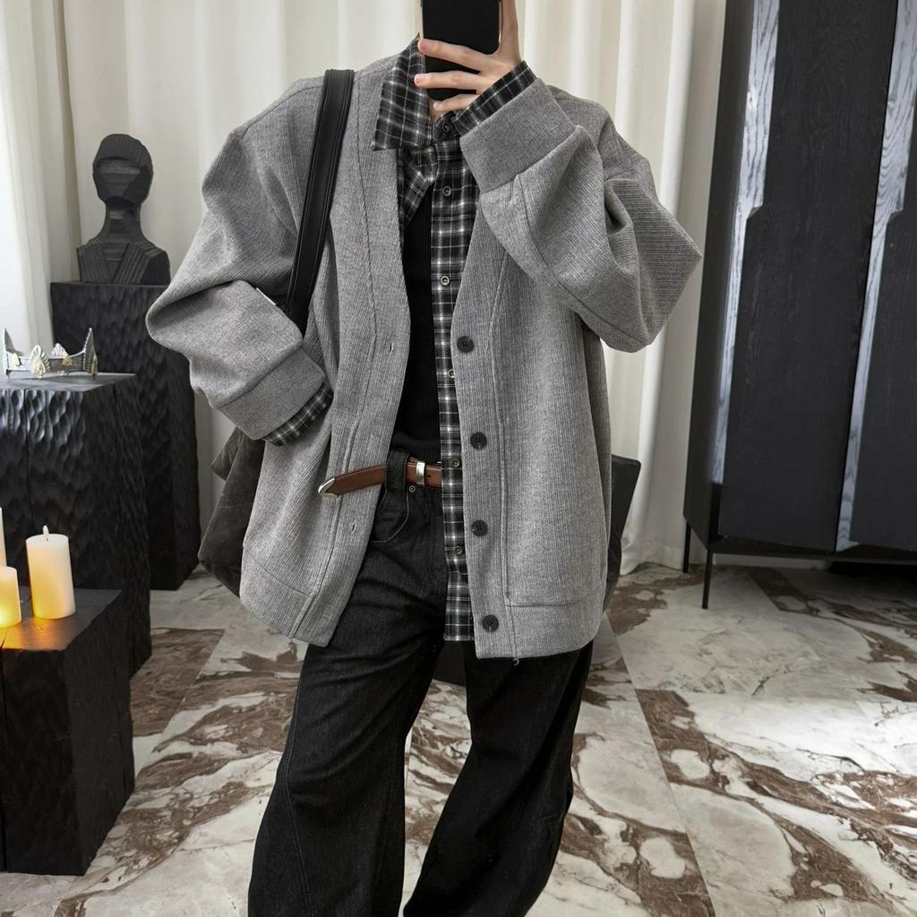 Top-Rated Unisex Korean Patchwork Cardigan: Two-Piece Look, Knit Sweater for Spring & Autumn