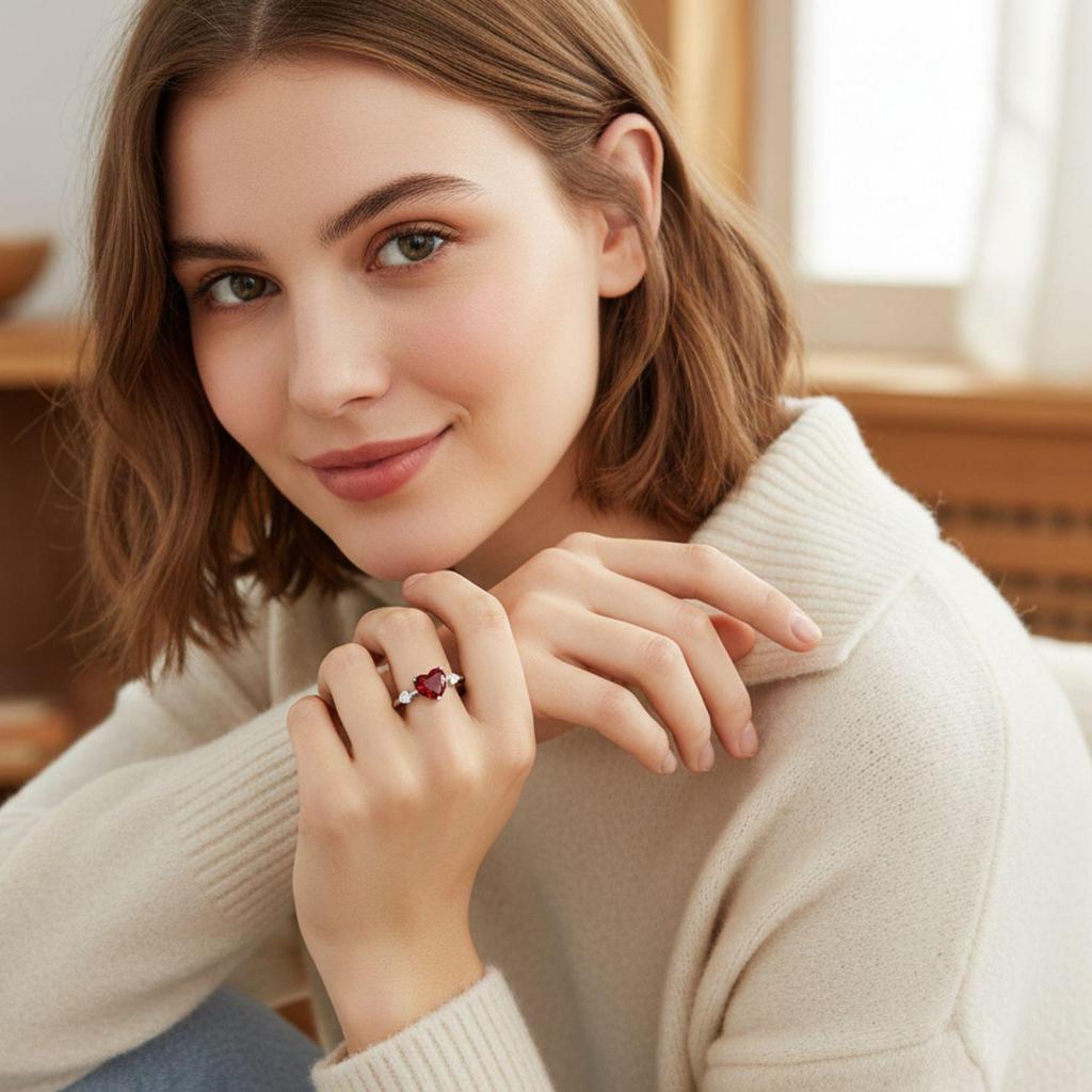 Heart Cut Red CZ Three-Stone Adjustable Ring – 925 Sterling Silver