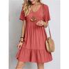 Women Vintage Mini Dresses Summer Solid Casual V Neck Ruffles Dress Ladies Boho Loose Beach Party Elegant Dresses