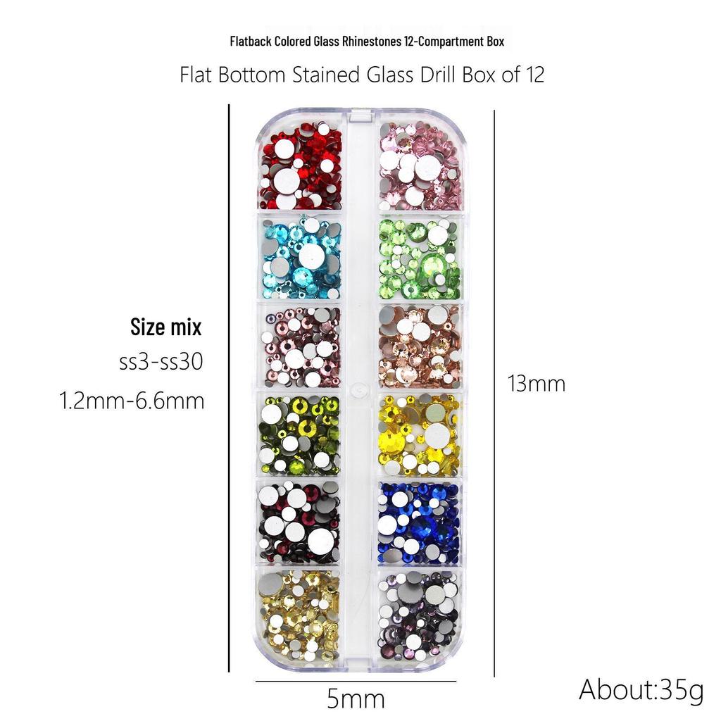 12-Fächer Strasssteine Set für Nagelkunst: Farbige Glas- & AB Irisierende Varianten mit flachem und spitzem Boden