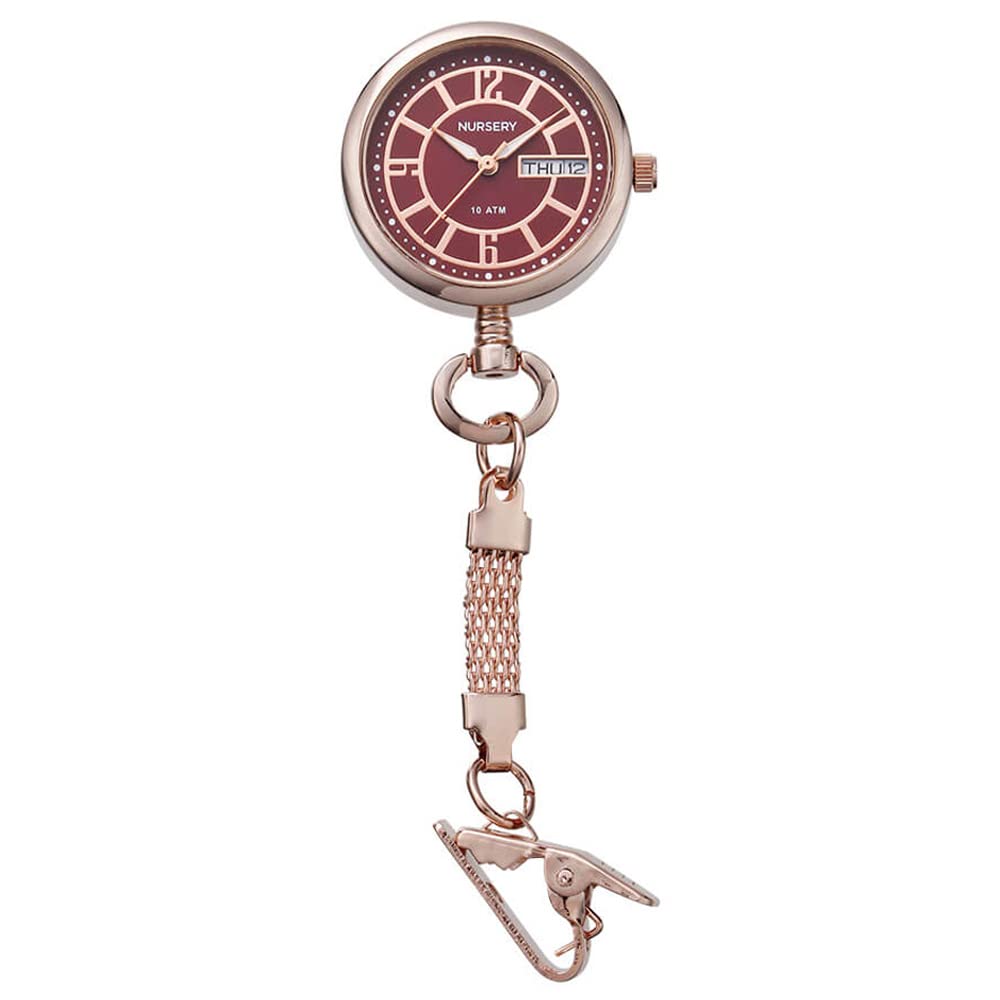 Nursery Pink Gold Watch with Date and Day Display, 10 ATM Water Resistant, Nurse Watch, Nurse Supplies, Bordeaux, 1096268A