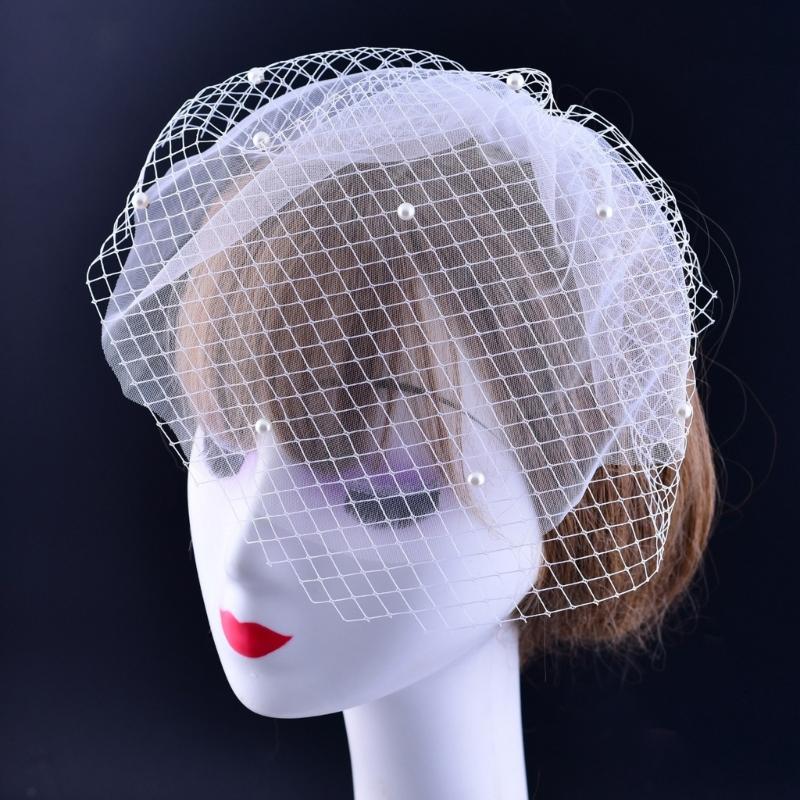 Birdcage Veil Wedding Hair Accessory With Beadwork Peal and Hair Comb Tulle Face Cover Veil For Bride PhotoShoots