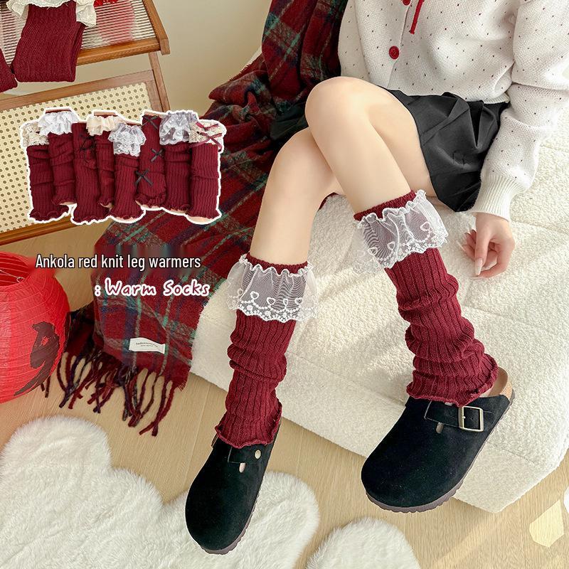 Angora Red Lolita Lace Calf Socks for Women - Korean Style Autumn/Winter Ballet Leg Warmers, Perfect for New Year and Christmas.