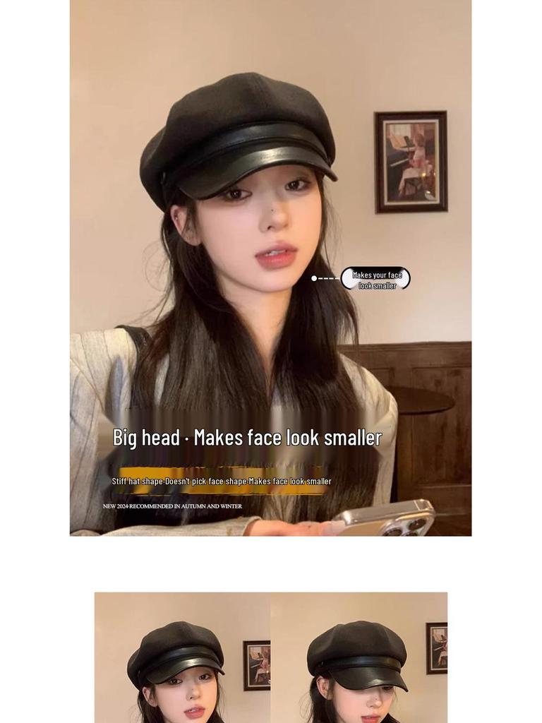 Novo Boina Octogonal Feminina 2025 – Preto, Ajuste para Cabeça Grande, Tendência Artística Outono/Inverno, Estilo Pintor de Rosto Pequeno