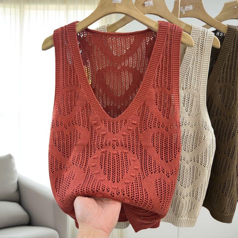 Senior Women's V-Neck Hollow-Out Knitted Vest Spring Fashion Layering Cardigan Cover-Up