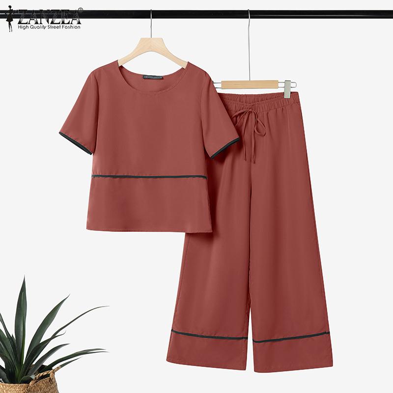 ZANZEA Women Short Sleeve Blouse and Pants Summer Two Piece Suit Sets