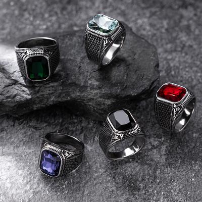 Vintage Style 316L Stain Steel Men'S Ring, Square Faceted Synthetic Faux Zircon,  Retro Pattern, Single Ring Jewelry