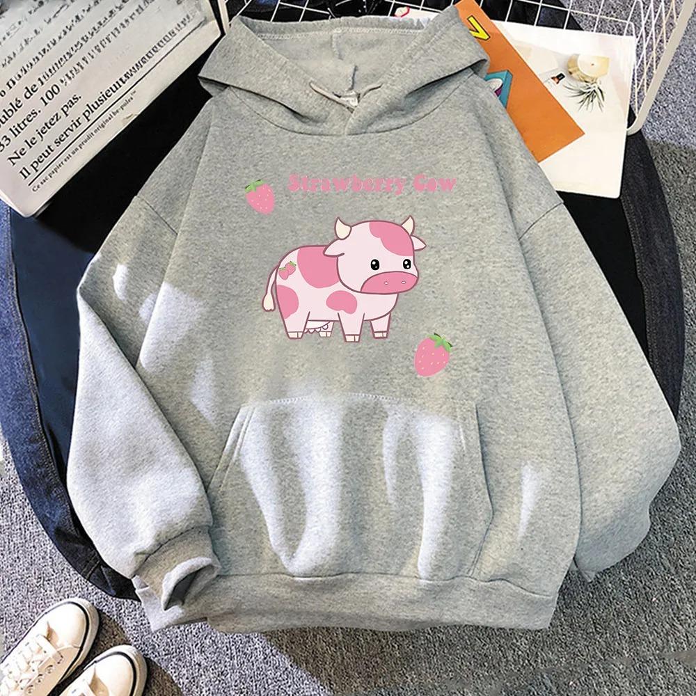 Kuh und Erdbeere Kawaii Bedruckte Damen Hoodies Lässiger Pullover Sweatshirt Herbst Winter Mädchen Streetwear Oberteile Kleidung