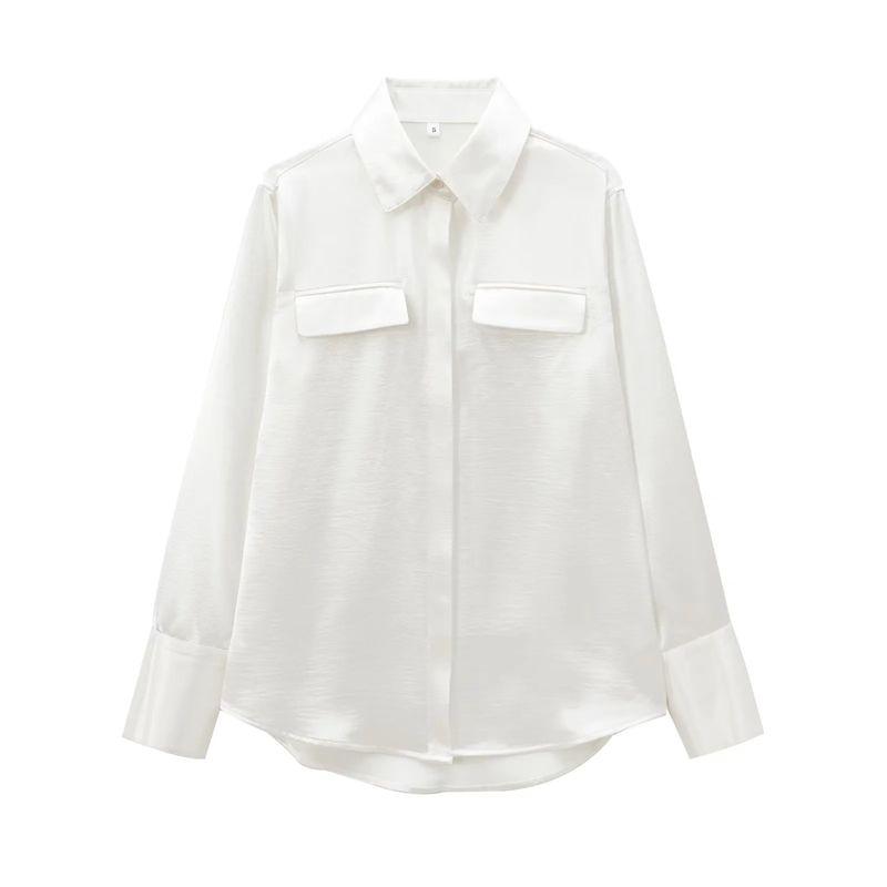 Fall and Winter New Women's Clothing Fashion Air Outlet Pocket Decoration Silk Satin Texture Lapel Long Sleeve Shirt Tops 8987213