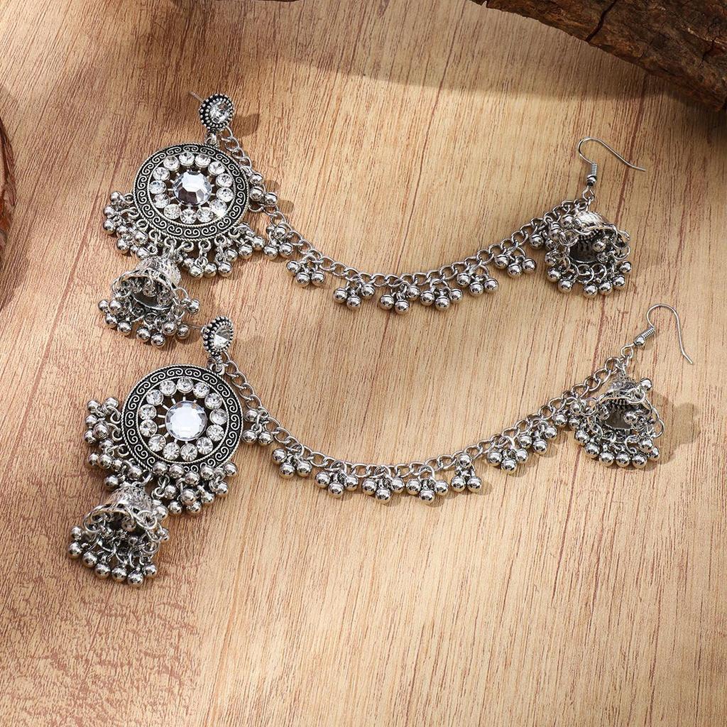 Vintage Ethnic Tassel Earrings Women Rhinestone Long Chain Drop Earrings Bohemian Indian Gypsy Antique Gold Palace Style Dangle Earrings