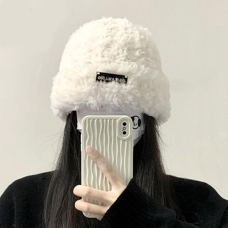 Wool Hat for Autumn and Winter Women's Versatile Knitted Bag Headset Showing Face Small Warm White Plush Cold Hat Big Head Circumference