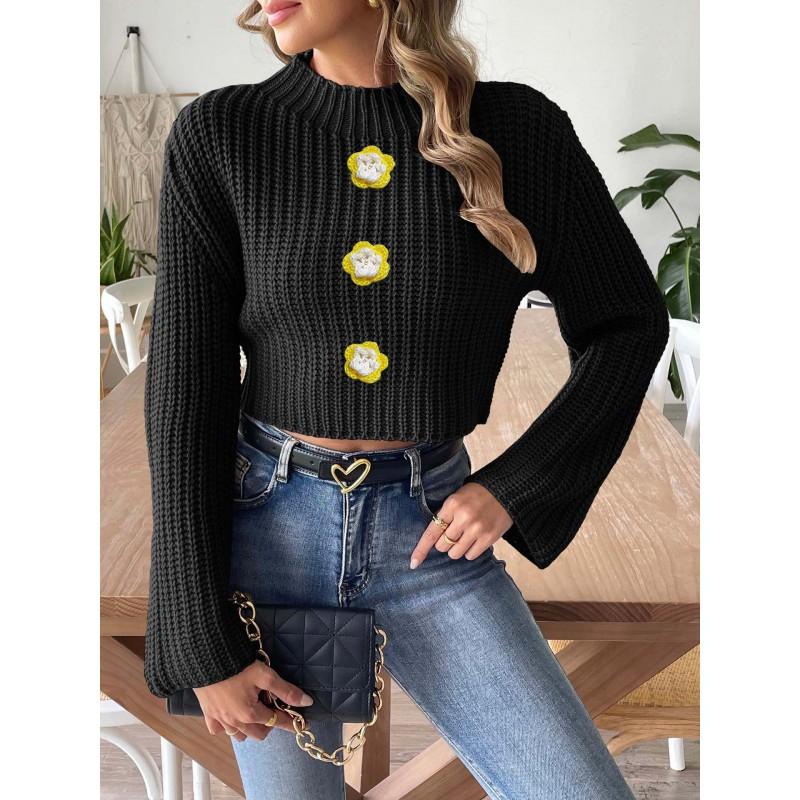 Womens Cropped Hand Crochet Sweater Floral Beaded Mock Neck Long Sleeve Streetwear