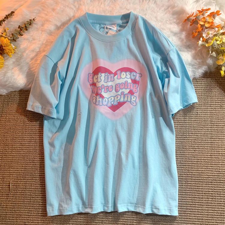 

Футболка с короткими рукавами и принтом «Розовая любовь» для женщин, новый летний дизайн, свободный тонкий хлопковый топ 3XL синий