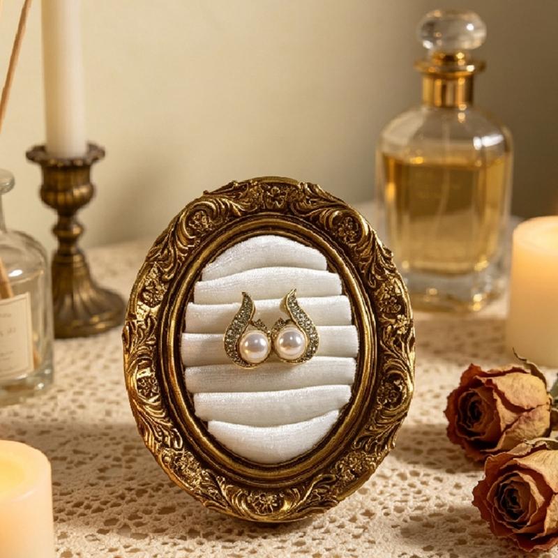 Ring Display Tray with Multiple Horizontal Slots, Ornate Oval Scrollwork Frame and Flat Base for Tabletop Presentation