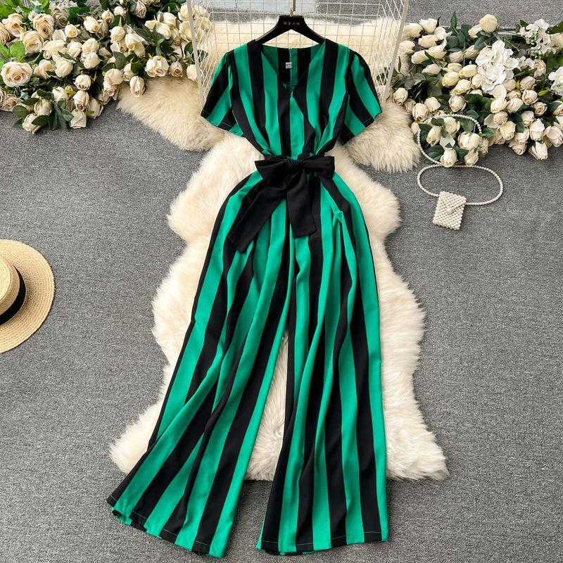 European and American Color Matching Striped Lace-up Waist-Tight Long Jumpsuit