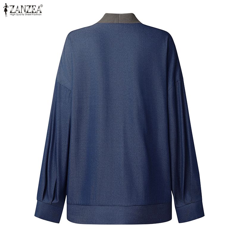 ZANZEA Women Casual V-Neck Loose Long Sleeve Patchwork Cardigan Blouse