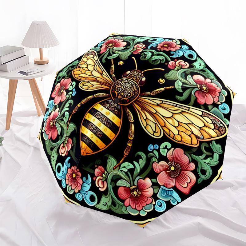 1pc Bee Floral Automatic Folding Umbrella Compact Lightweight Travel Umbrella with 8-Rib Sturdy Frame, Windproof & Self007