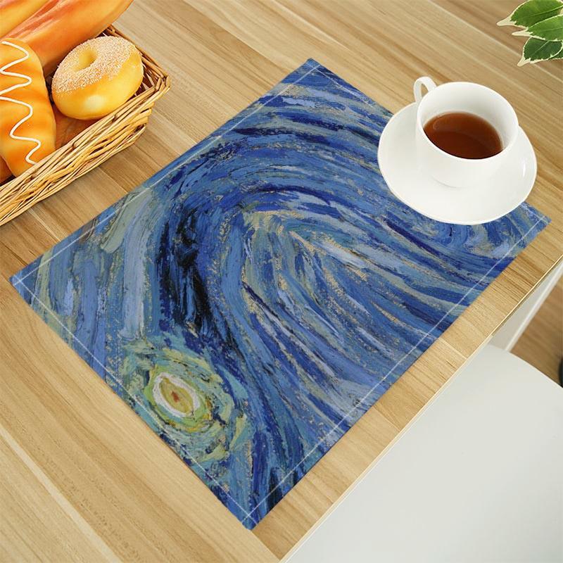Van Gogh The Starry Night Print Linen Dining Table Mats Alphabet Kitchen Placemat 30X45cm Coasters Pads Bowl Cup Mat