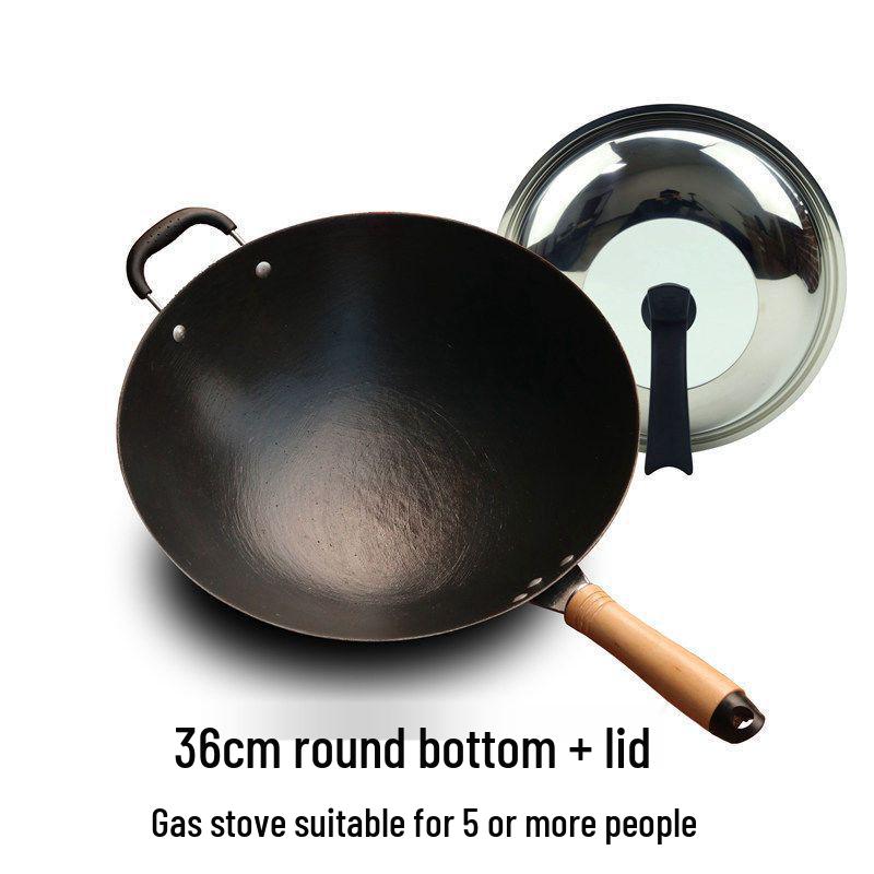 Vintage Uncoated Cast Iron Flat-Bottom Non-Stick Wok, Compatible with Induction & Gas Stoves, Ideal for Rural Household Stir-Fry.