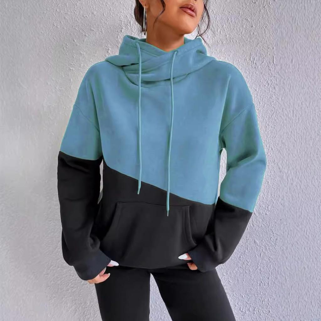 Høst Fargeblokk Spleising Kengurulomme Snøring Løs Casual Hettegenser Dame Topper