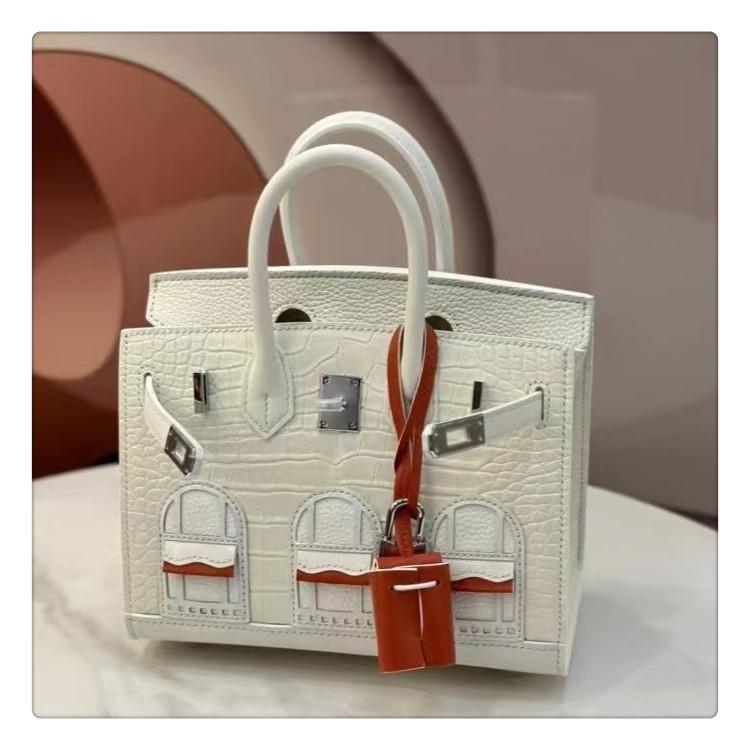 

Сумка из коровьей кожи с верхним слоем под крокодила 2024 г.: Универсальная, модная сумка Platinum 25CM белый