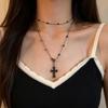 Women Gothic Cross Necklace Black Pendant With Pearl Chain Trendy Retro Statement Fashion Jewelry Party Holiday Gift