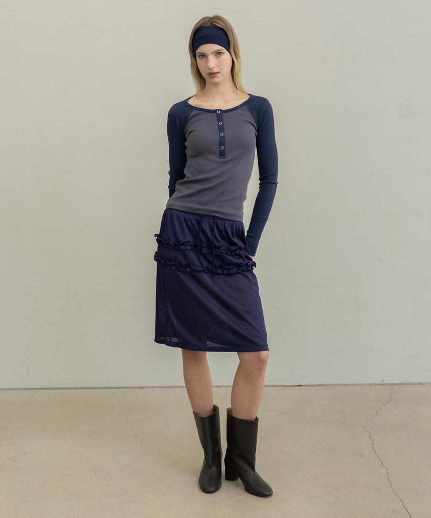 Forev Mesh Frill Midi Skirt - Navy