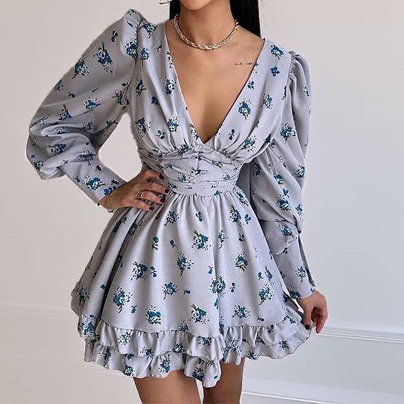 Spring New Women's Clothing Style Fashionable Printed Long-sleeved Short Skirt Sexy Dress
