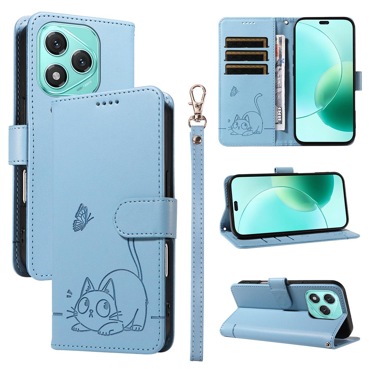 

For Honor 400 Lite 5G Case Cat Pattern Imprint Leather Phone Cover with Wrist Strap D