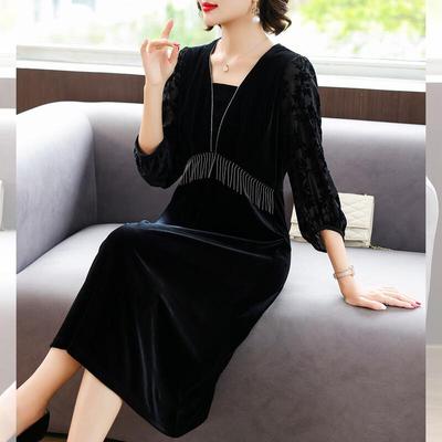 Rochie de lungime medie din catifea aurie pentru femei QianLian