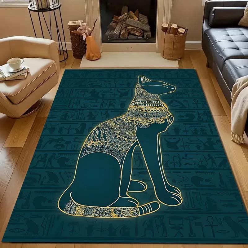 Ägyptische Mythologie Schwarze Katze Teppich für Wohnzimmer Heimdeko Rutschfeste Bodenmatte für Schlafzimmer Große Flächenteppiche Waschbare Teppiche