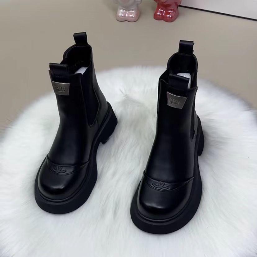 Cizme de piele până la genunchi pentru femei, de toamnă/iarnă 2025, cu căptușeală fleece subțiatoare - Stil britanic Martin Fashion