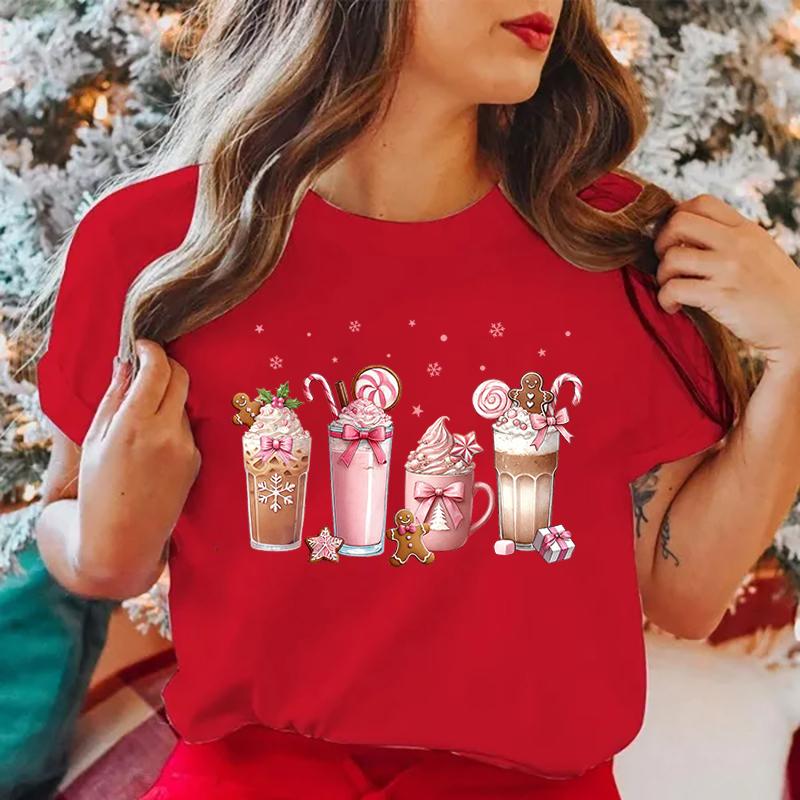 Funny Christmas Coffee Print Women Loose Short Sleeve Round Neck Top Female Casual