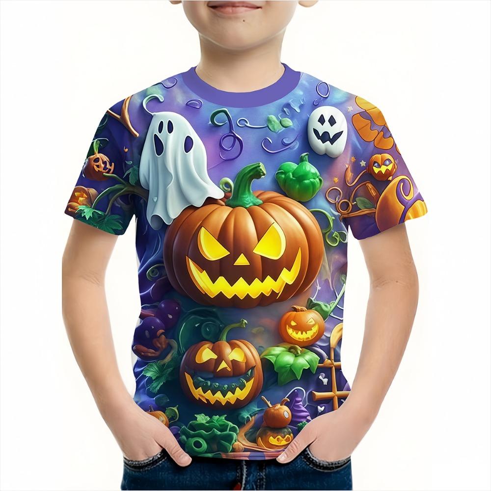 Boys' clothing, funny and terrifying pumpkin pattern T-shirt, boys' and girls' Halloween short sleeved shirt, children's Halloween gift party T-shirt