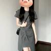 Classic French Style Grey Knit Short Sleeve Dress For Business Casual Women