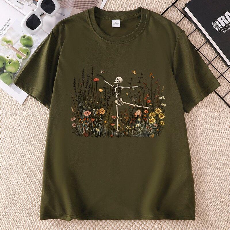 Skeleton Dancing Wildflower Tshirt Unisex Botanical Floral Cottagecore Nature Lover Tshirt Casual Round Neck Short Sleeve Tees