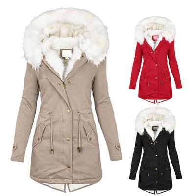 Zipper Buttons Closure Women Coat Long Sleeve Waist Drawstring Plush Hooded Fleece Lined Cotton Coat Outerwear