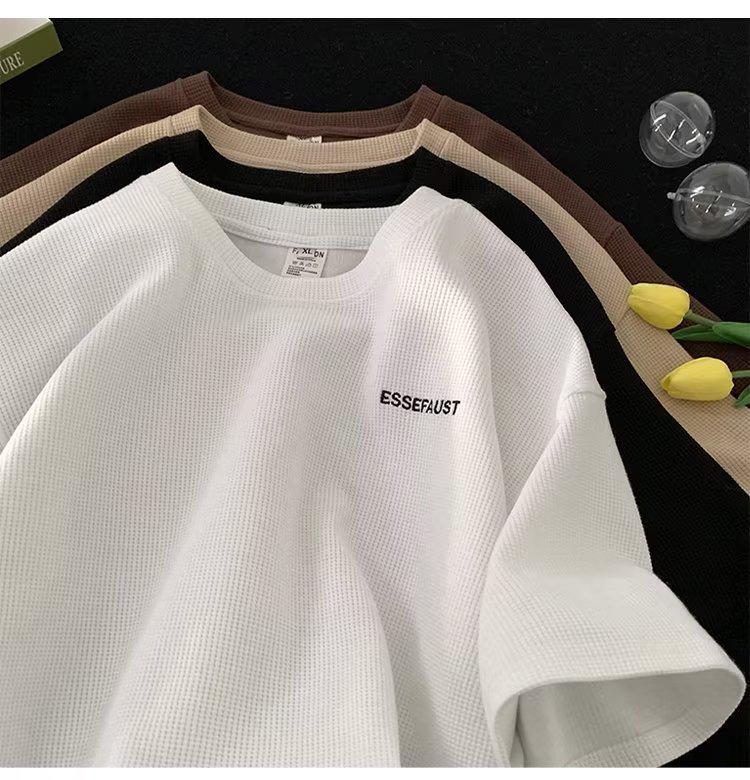 Unisex Japanese Trendy Waffle Short-Sleeve Loose Summer T-Shirt