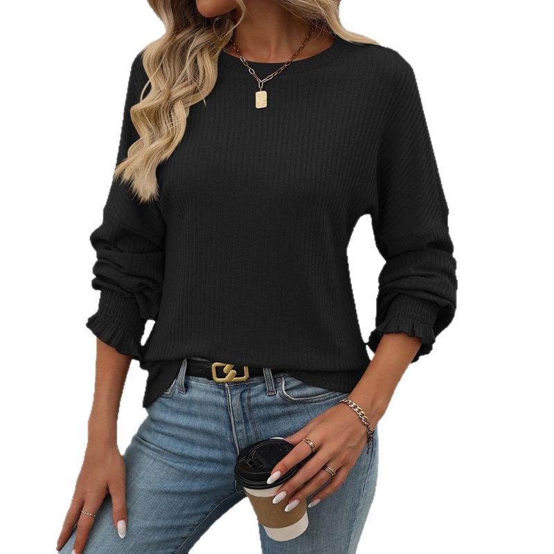 Women's Style Autumn Winter New Style Loose Pullover Casual Ribbed Ruffled Long Sleeve Crew Neck T Shirt