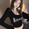 Printed shoulder big U-neck low-cut long-sleeved T-shirt female slim slim slim sweet Spice girl short navel tight niche top