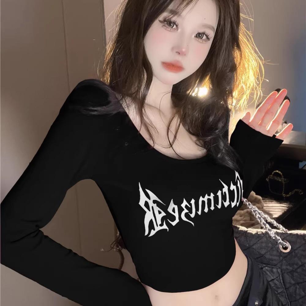 Printed shoulder big U-neck low-cut long-sleeved T-shirt female slim slim slim sweet Spice girl short navel tight niche top