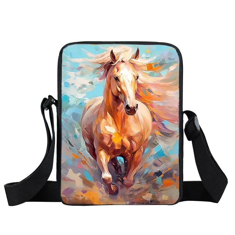 Fancy Style Studio waterverf dierenprint schoudertas paard dames handtas telefoon portemonnee houder casual crossbody tas beige