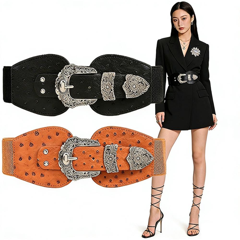 Boucle Rétro Sculptée Réglable Ceinture Élastique à la Taille Ceinture à Boucle Métallique Accessoire de Taille