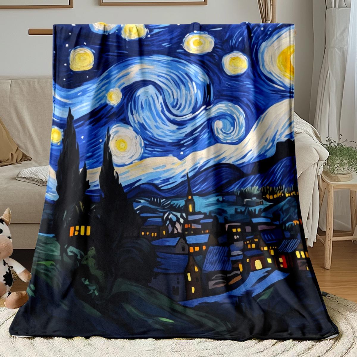Starry Night Flannel Blanket, Lightweight Digital Print for Sofa Bed Travel Camping Living Room Office 75X95CM