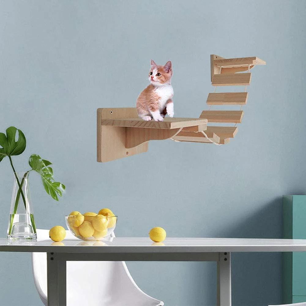 Solid Wood Wall-mounted Cat Tree Sisal Ladder  Cat Hammock Scratching Post. Suitable for Cats To Play and Rest.