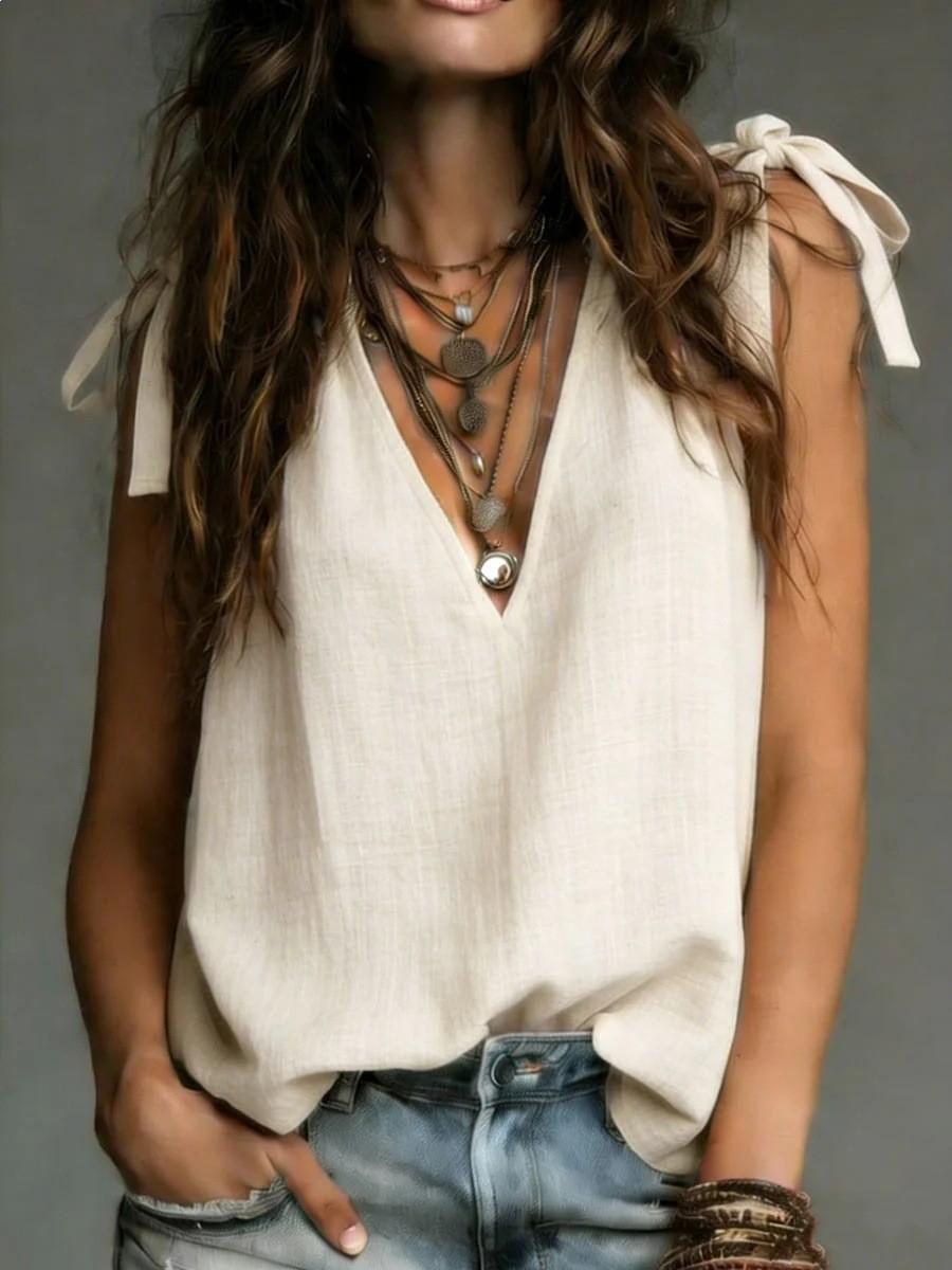 Women s Sleeveless V Neck Bow Tie Detail Casual Cami Top S