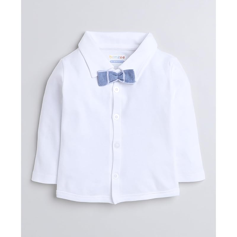 BUMZEE Unisex Cotton Sky Blue & White Boys Full Sleeves Shirt Waistcoat & Pant Set with Applique Bow Age-2-3 Years