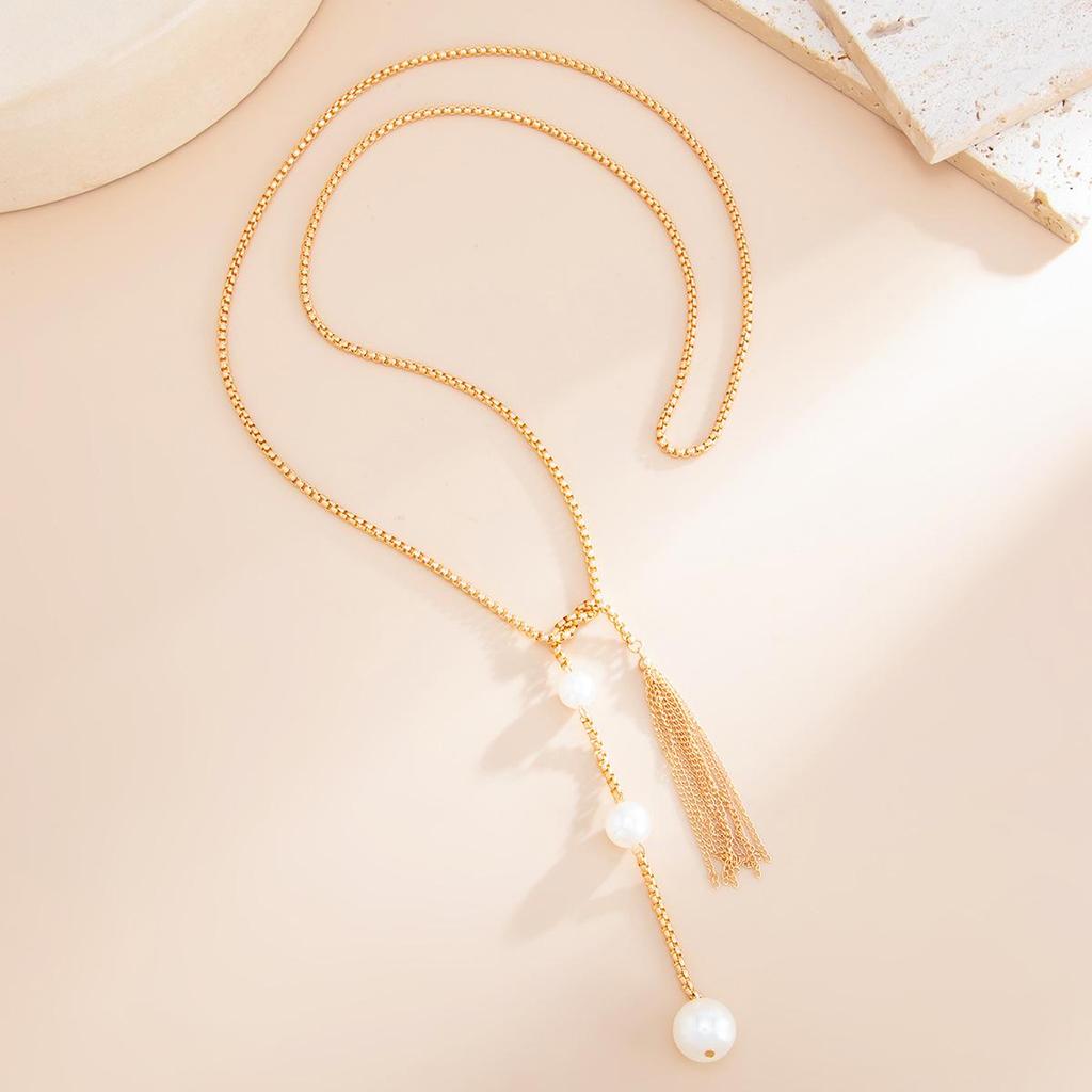 Fashion Snake Bone Chain Imitation Pearl Women's Necklace Exaggerated Gold Long Flowing Su Adjustable Necklace Party Jewelry