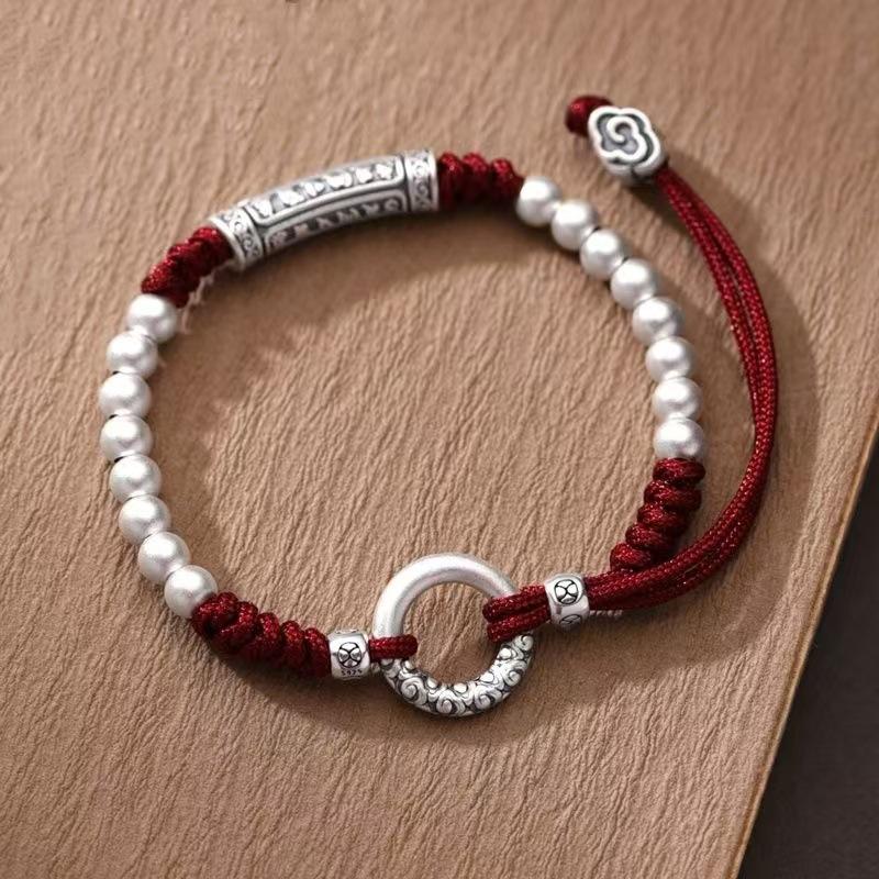 [Six Characters Mantra-Safety Buckle] Retro National Style Bracelet Men And Women Couples Handmade Beaded Birthday Year Red Hand Rope