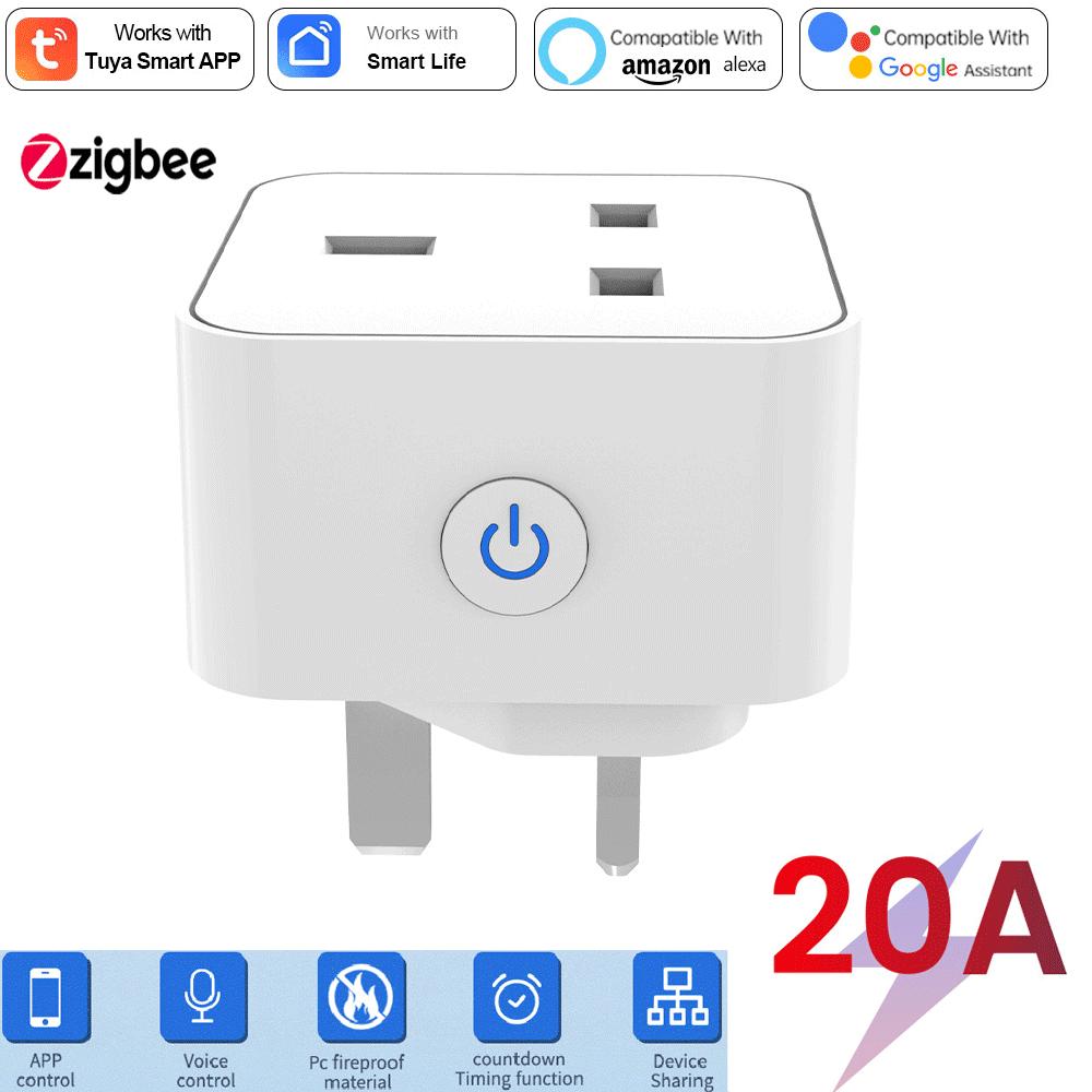 Tuya Smart Socket 16A/20A WiFi or Zigbee UK Plug 3pin Adapter Home Alexa Voice Control With Energy Monitering Function